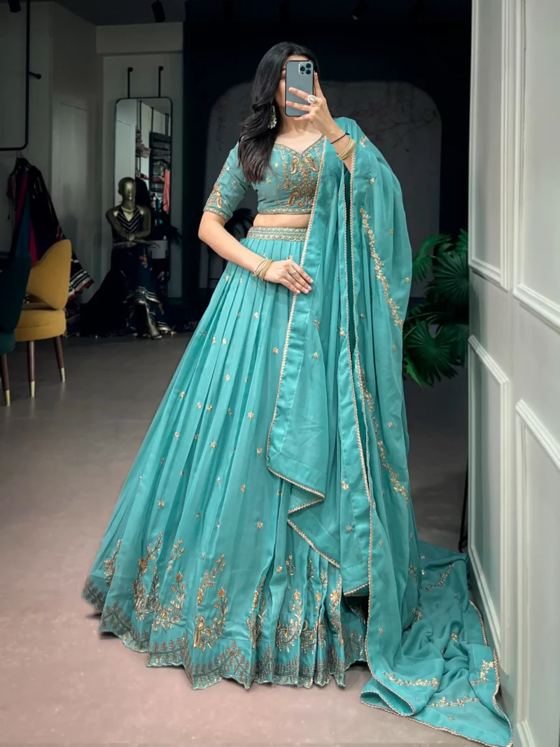Aqua Georgette Party Wear embroidered Lehenga in sky blue colour front