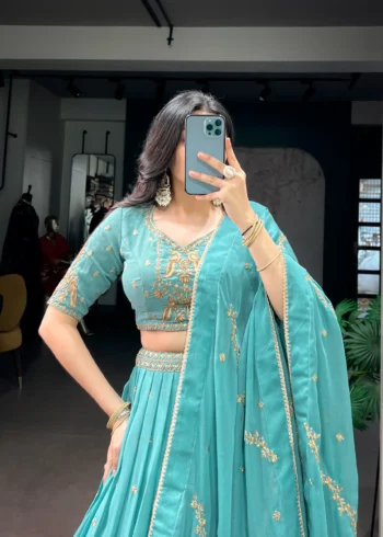 Aqua Georgette Party Wear embroidered Lehenga in sky blue colour closeup