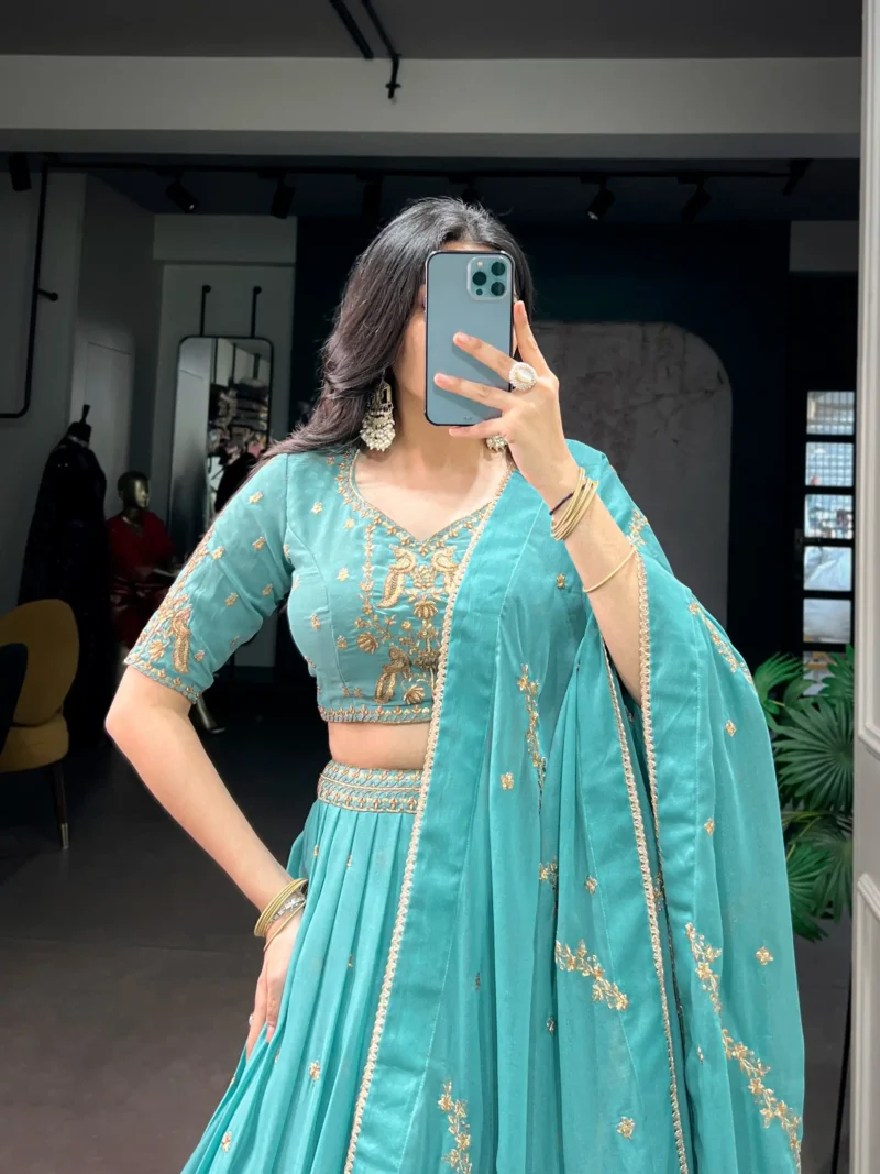 Aqua Georgette Party Wear embroidered Lehenga in sky blue colour closeup