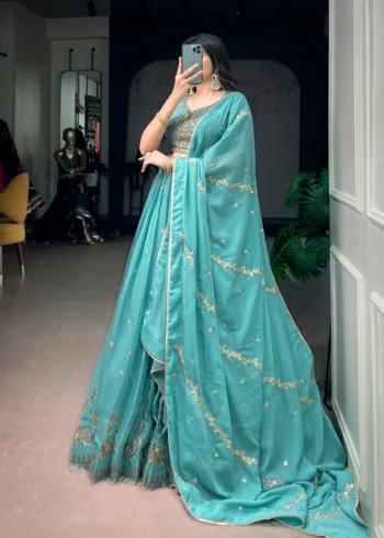 Aqua Georgette Party Wear embroidered Lehenga in sky blue colour side
