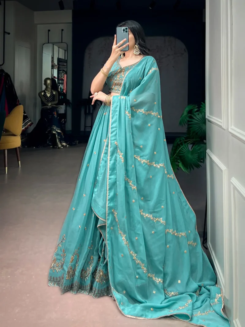 Aqua Georgette Party Wear embroidered Lehenga in sky blue colour side