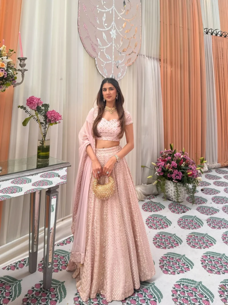 Baby Pink Colour Georgette Bridesmaid Lehenga full front