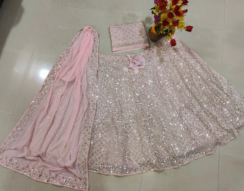 Baby Pink Colour Georgette Bridesmaid Lehenga open real product