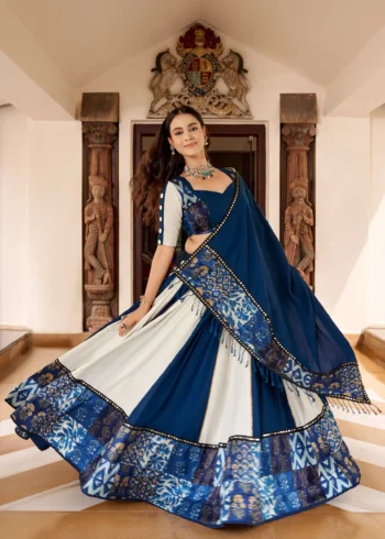Blue Color Pure Rayon Plain And Printed Paper Mirror Work Navratri Lehenga Choli flair