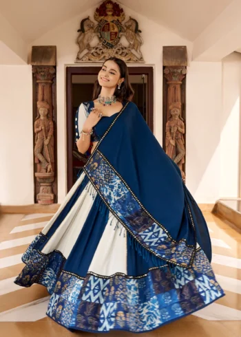 Blue Color Pure Rayon Plain And Printed Paper Mirror Work Navratri Lehenga Choli front