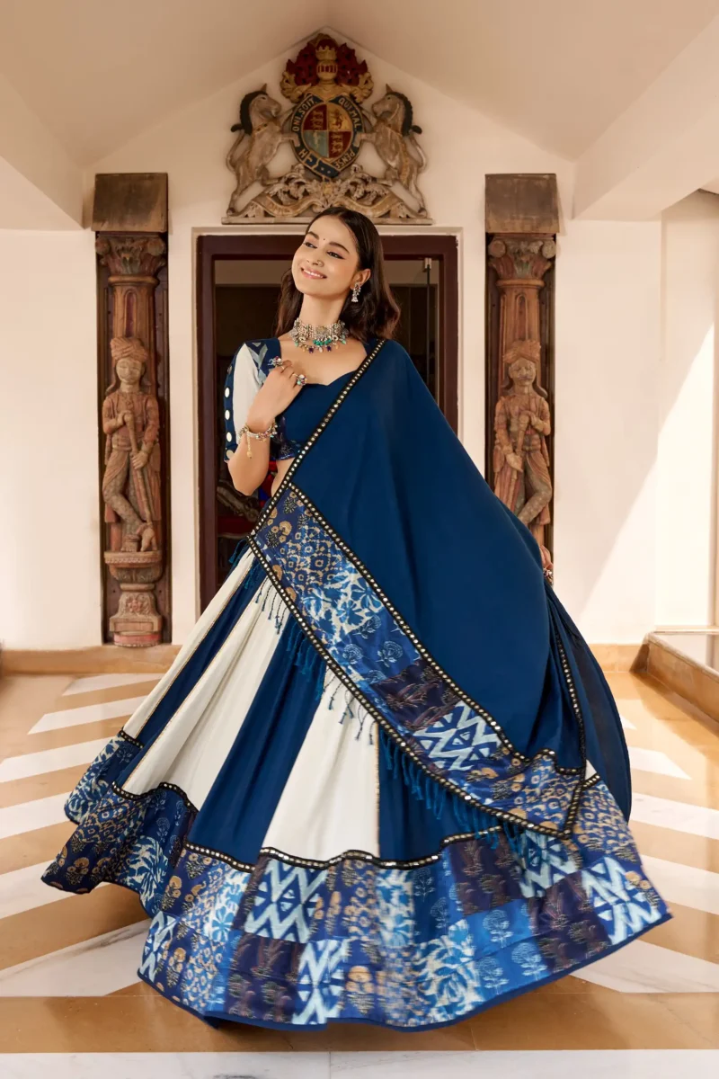 Blue Color Pure Rayon Plain And Printed Paper Mirror Work Navratri Lehenga Choli front