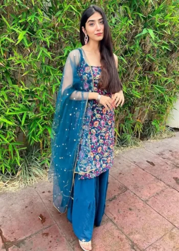 Blue Georgette Sharara Suit front look