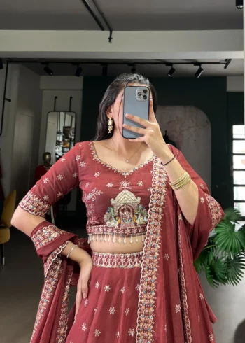 Women wearing peach color Chocolate Crush Bridesmaid Lehenga with Sequin Embroidery close blouse look