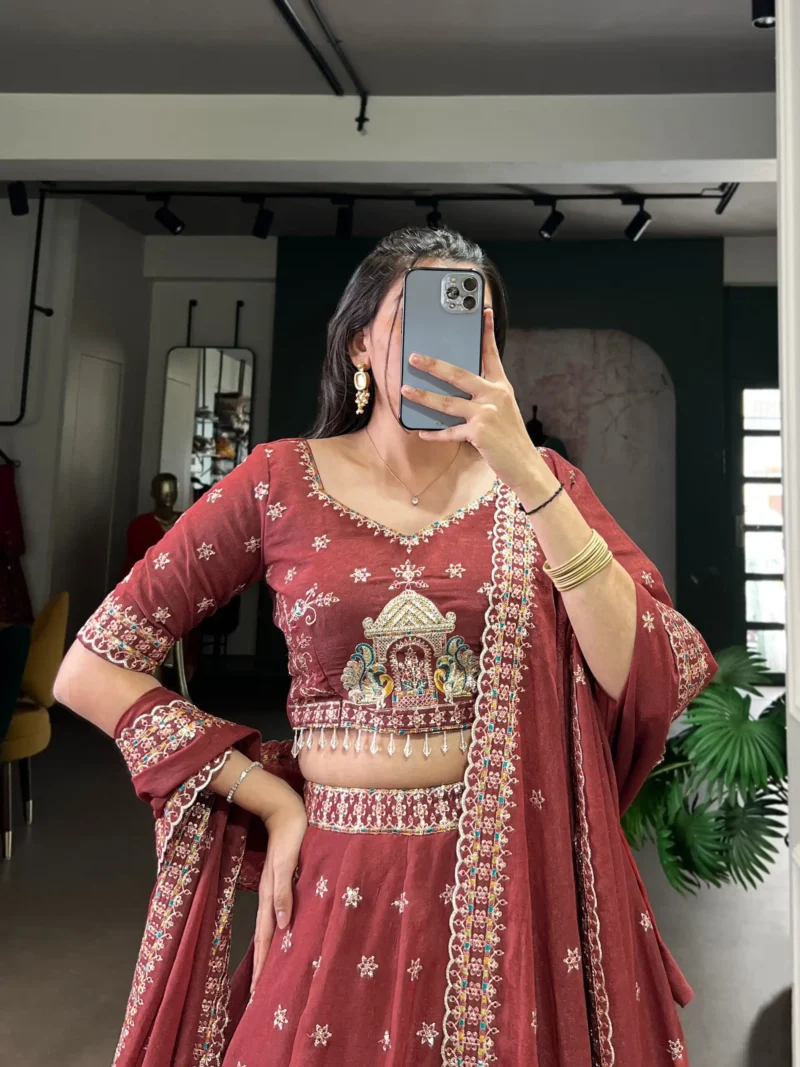 Women wearing peach color Chocolate Crush Bridesmaid Lehenga with Sequin Embroidery close blouse look