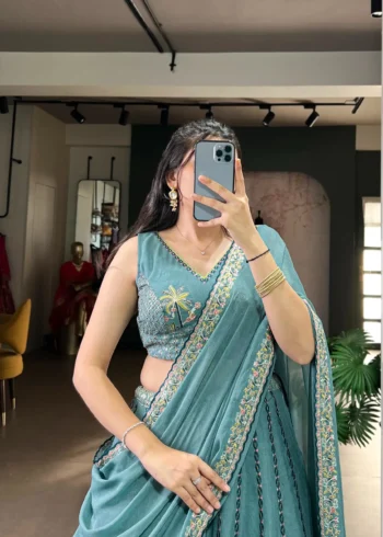 Women wearing Chocolate Crush Bridesmaid Lehenga with Sequin Embroidery close look