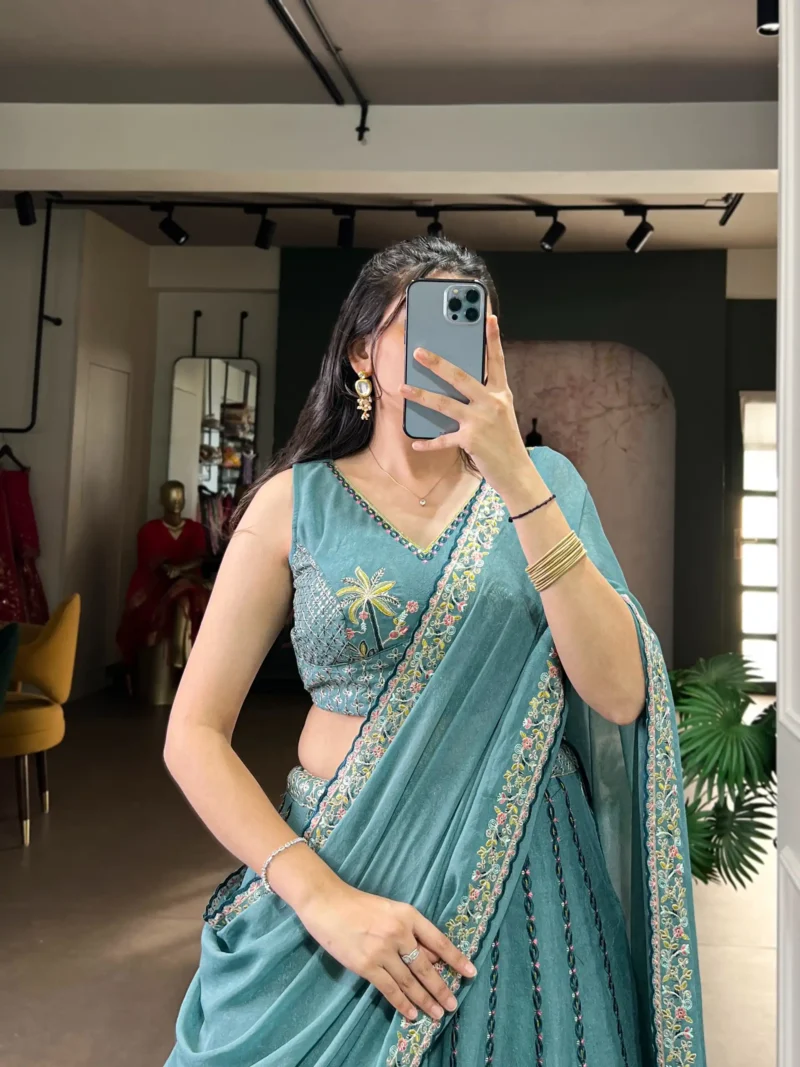 Women wearing Chocolate Crush Bridesmaid Lehenga with Sequin Embroidery close look