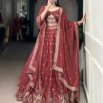 Women wearing peach color Chocolate Crush Bridesmaid Lehenga with Sequin Embroidery