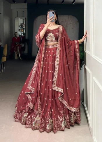 Women wearing peach color Chocolate Crush Bridesmaid Lehenga with Sequin Embroidery