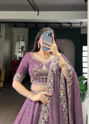 Women wearing violet color Chocolate Crush Bridesmaid Lehenga with Sequin Embroidery close blouse look