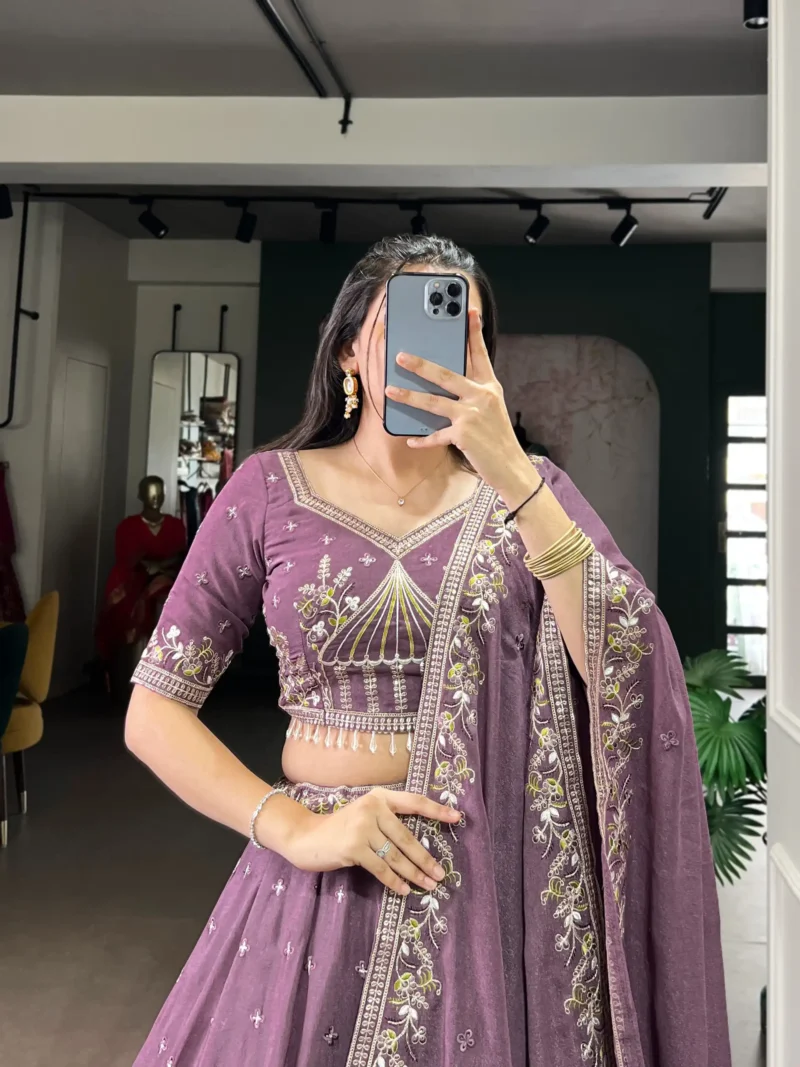 Women wearing violet color Chocolate Crush Bridesmaid Lehenga with Sequin Embroidery close blouse look