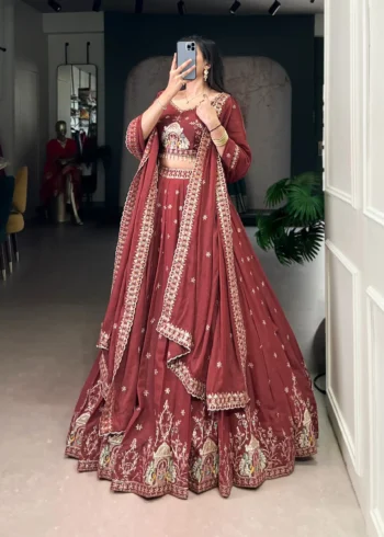 Women wearing peach color Chocolate Crush Bridesmaid Lehenga with Sequin Embroidery side look