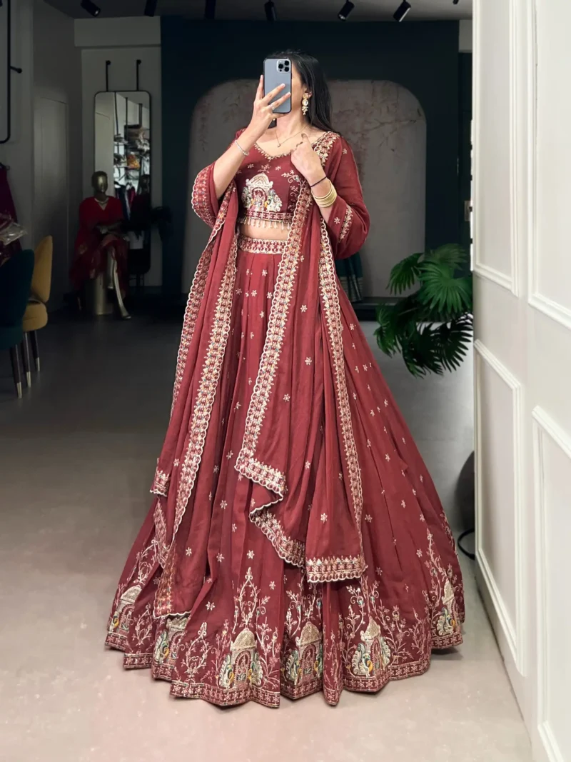 Women wearing peach color Chocolate Crush Bridesmaid Lehenga with Sequin Embroidery side look
