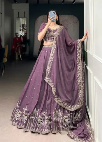 Women wearing violet color Chocolate Crush Bridesmaid Lehenga with Sequin Embroidery dupatta look