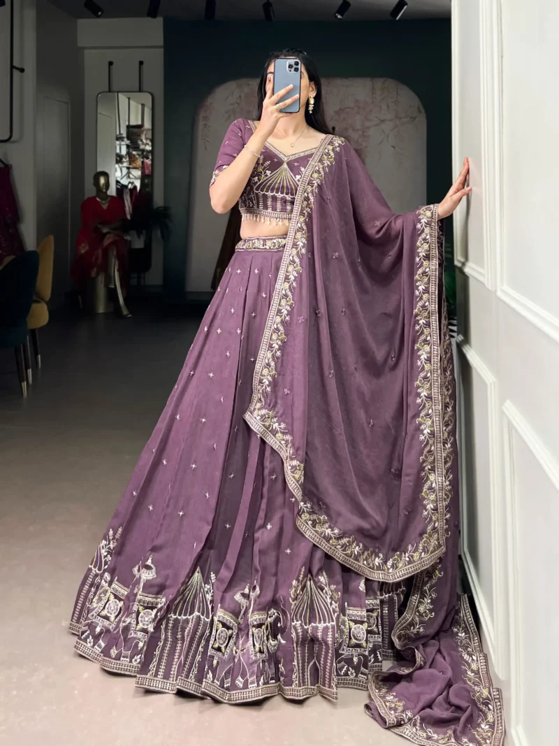 Women wearing violet color Chocolate Crush Bridesmaid Lehenga with Sequin Embroidery dupatta look