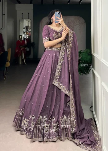 Women wearing violet color Chocolate Crush Bridesmaid Lehenga with Sequin Embroidery