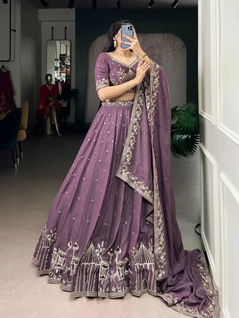 Women wearing violet color Chocolate Crush Bridesmaid Lehenga with Sequin Embroidery