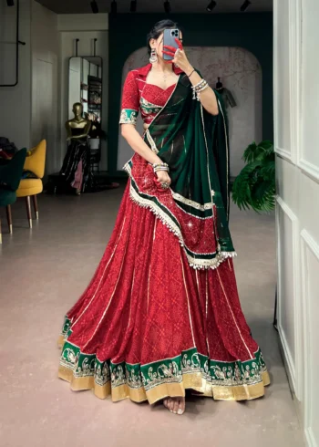 Cornell Red Bandhej Foil Print Navratri Lehenga front