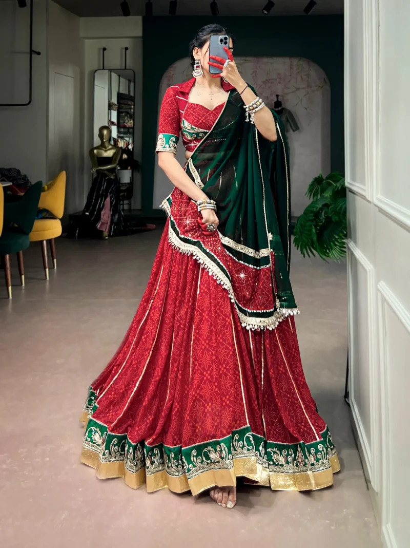 Cornell Red Bandhej Foil Print Navratri Lehenga front