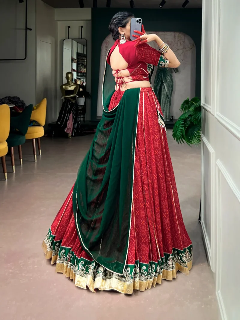 Cornell Red Bandhej Foil Print Navratri Lehenga back side look