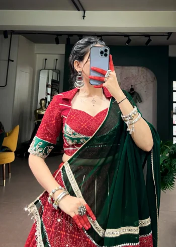 Cornell Red Bandhej Foil Print Navratri Lehenga close blouse look
