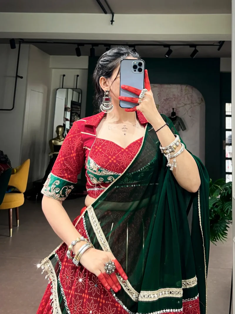 Cornell Red Bandhej Foil Print Navratri Lehenga close blouse look