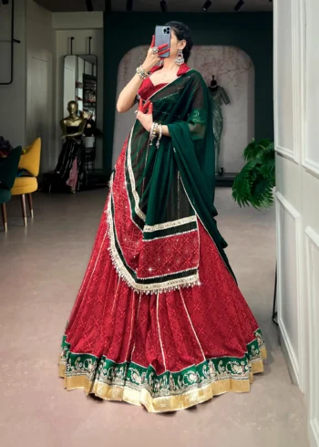 Cornell Red Bandhej Foil Print Navratri Lehenga side dupatta look