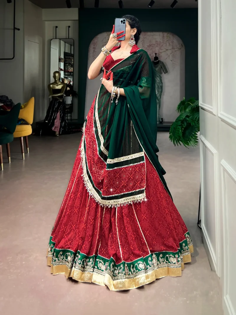 Cornell Red Bandhej Foil Print Navratri Lehenga side dupatta look