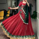 Cornell Red Bandhej Foil Print Navratri Lehenga full flair look