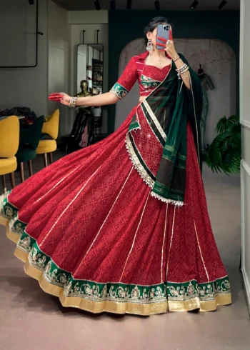 Cornell Red Bandhej Foil Print Navratri Lehenga full flair look
