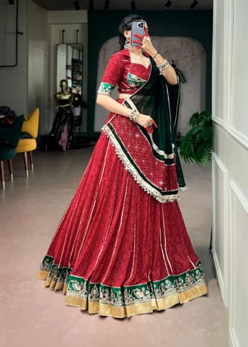 Cornell Red Bandhej Foil Print Navratri Lehenga front side
