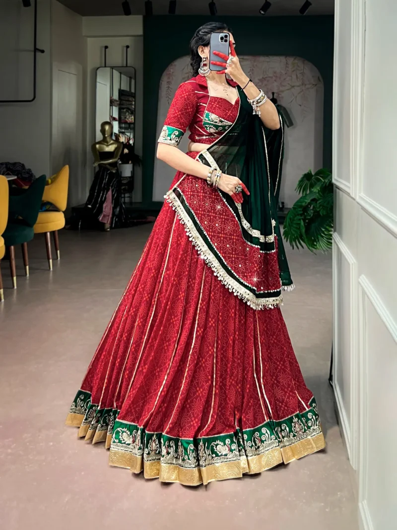 Cornell Red Bandhej Foil Print Navratri Lehenga front side