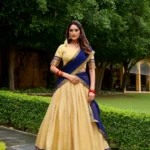 Cream colour Kanchipuram Half Saree Lehenga Front