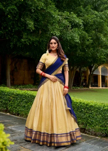 Cream colour Kanchipuram Half Saree Lehenga Front