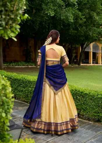Cream colour Kanchipuram Half Saree Lehenga back design