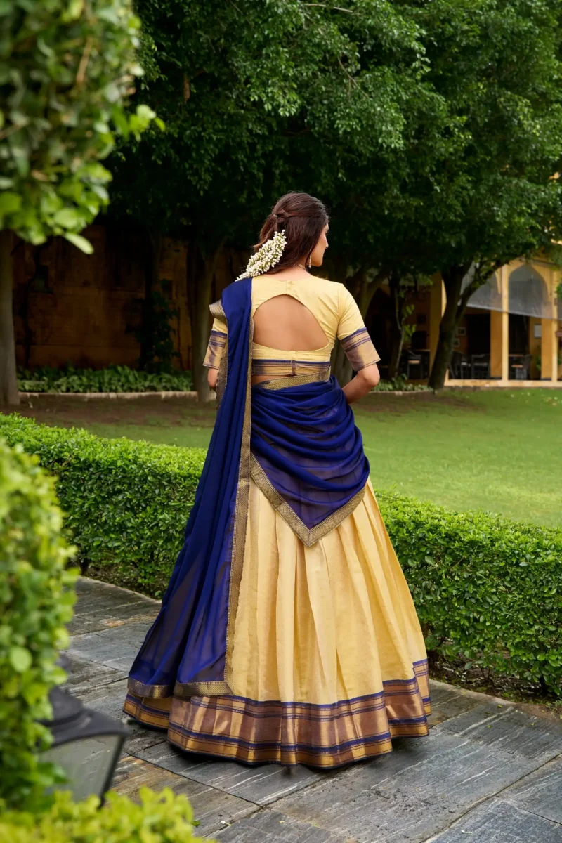 Cream colour Kanchipuram Half Saree Lehenga back design