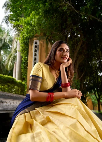 Cream colour Kanchipuram Half Saree Lehenga close view