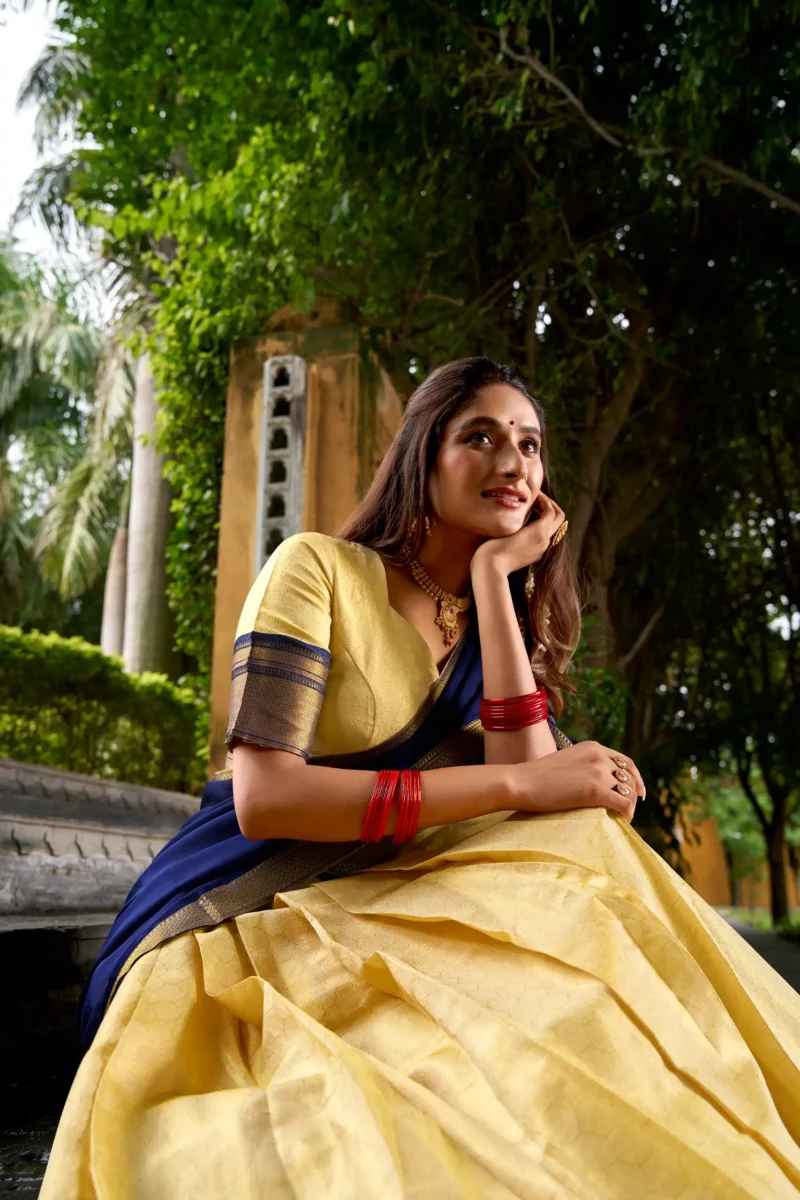 Cream colour Kanchipuram Half Saree Lehenga close view