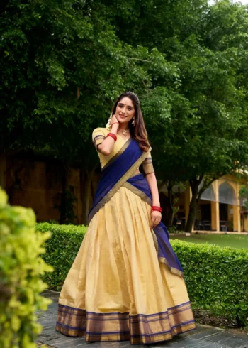 Cream colour Kanchipuram Half Saree Lehenga