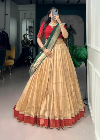 Cream Colour Paithani Kanchipuram Silk Lehenga with Green dupatta