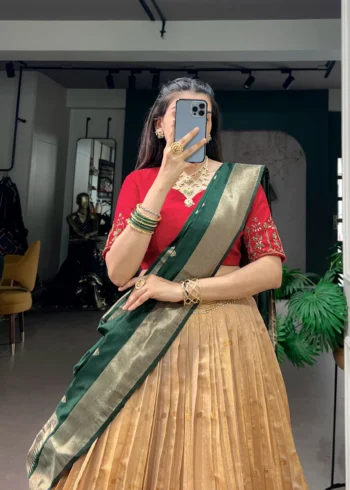 Cream Colour Paithani Kanchipuram Silk Lehenga with Green dupatta close look