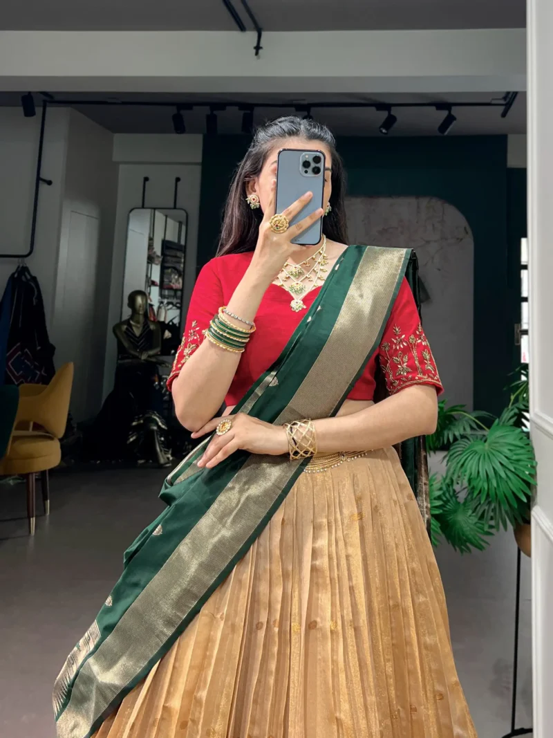Cream Colour Paithani Kanchipuram Silk Lehenga with Green dupatta close look