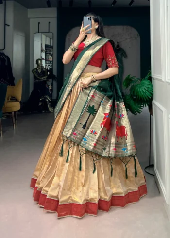 Cream Colour Paithani Kanchipuram Silk Lehenga with Green dupatta side look