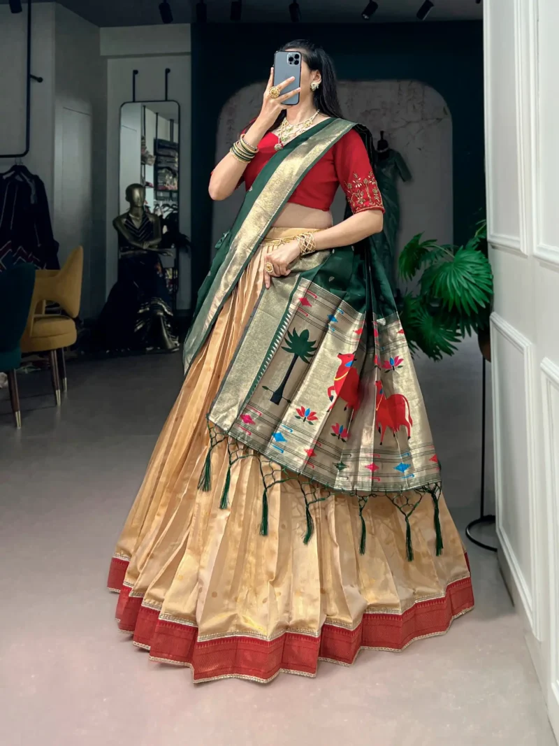 Cream Colour Paithani Kanchipuram Silk Lehenga with Green dupatta side look