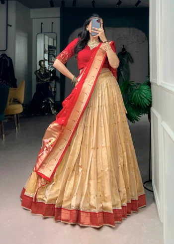 Cream Colour Paithani Kanchipuram Silk Lehenga with Red dupatta front