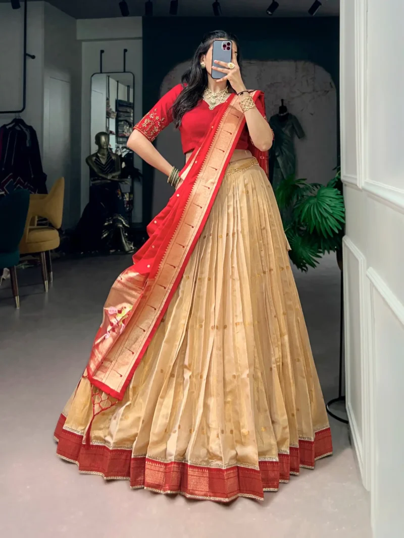 Cream Colour Paithani Kanchipuram Silk Lehenga with Red dupatta front